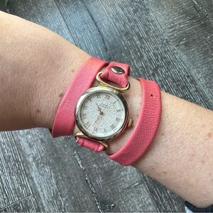 Anne Klein/La Mer Pink Double Wrap Leather Watch - Silver Filigree Dial
